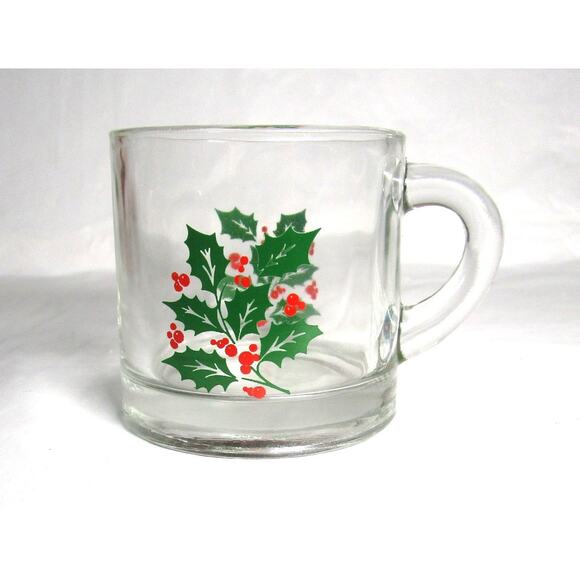 Glass Christmas Mug 8 Ounces Holly and Berry Design Holiday Cup Vintage 1960s - Picture 1 of 5